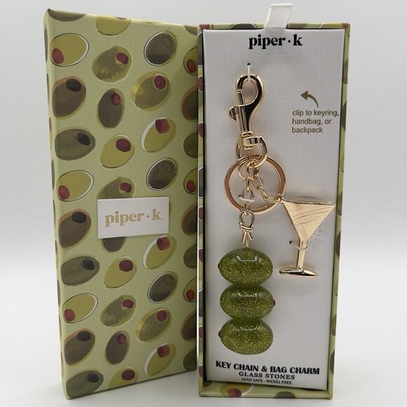 Piper K Olive Martini Keychain Bag Charm Glass Stones Summer Cocktail Gift - Picture 1 of 5
